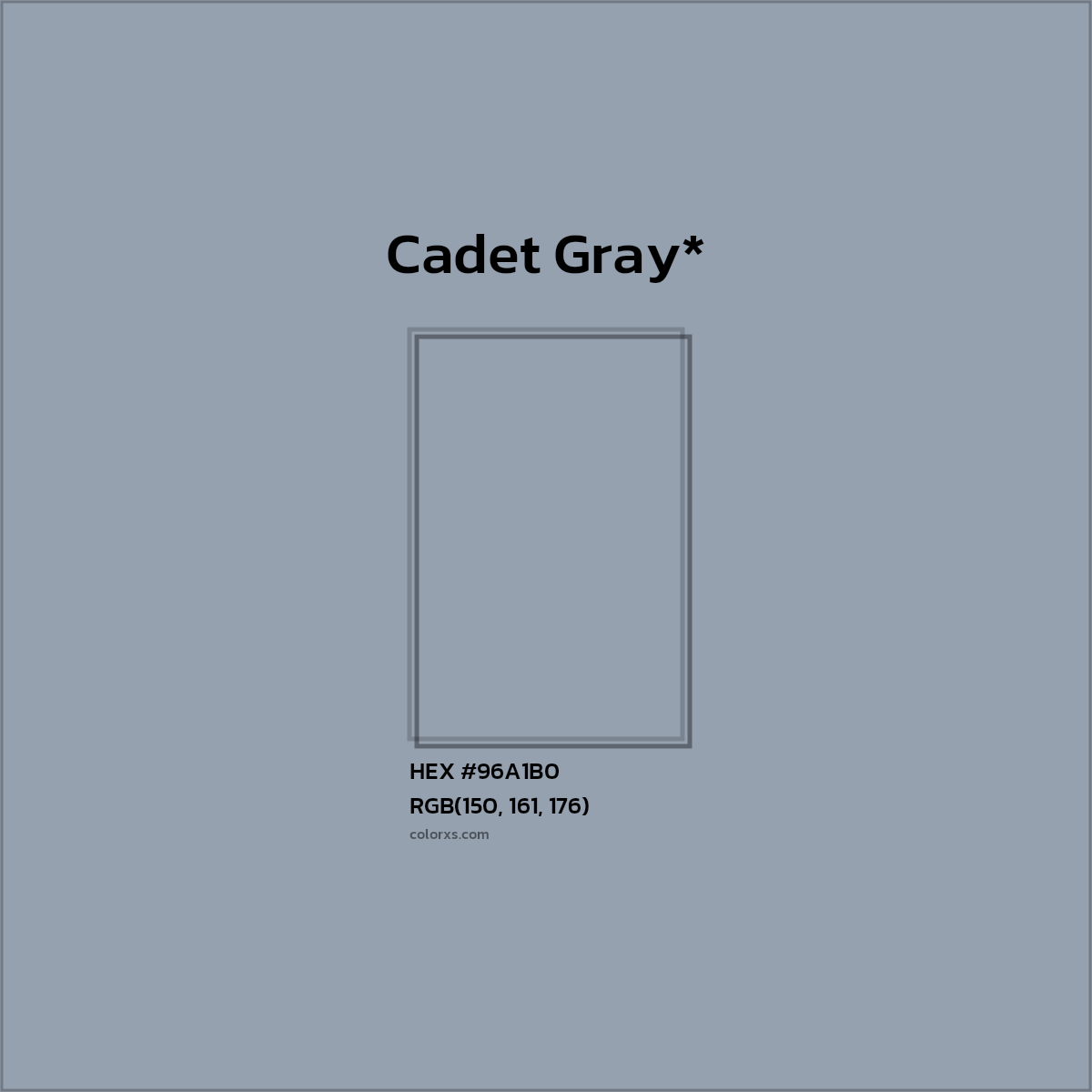 #96A1B0 hex color. RGB, RYB, CMYK, HSL, HSV codes and color conversions. Matching color names, palettes, paints.