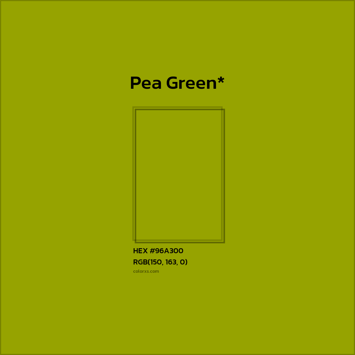 #96A300 hex color. RGB, RYB, CMYK, HSL, HSV codes and color conversions. Matching color names, palettes, paints.