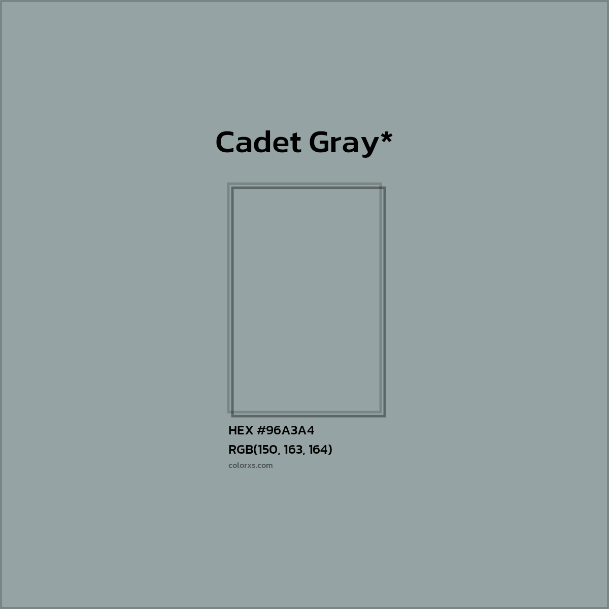 #96A3A4 hex color. RGB, RYB, CMYK, HSL, HSV codes and color conversions. Matching color names, palettes, paints.