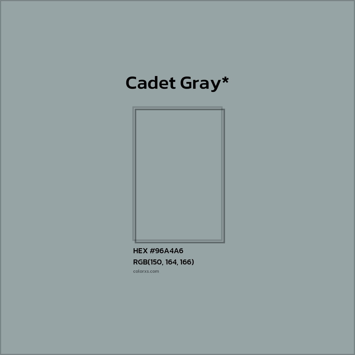 #96A4A6 hex color. RGB, RYB, CMYK, HSL, HSV codes and color conversions. Matching color names, palettes, paints.