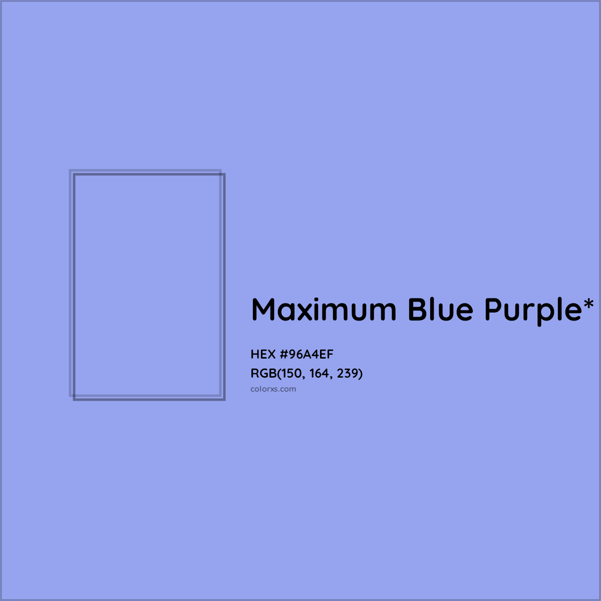 #96A4EF hex color. RGB, RYB, CMYK, HSL, HSV codes and color conversions. Matching color names, palettes, paints.