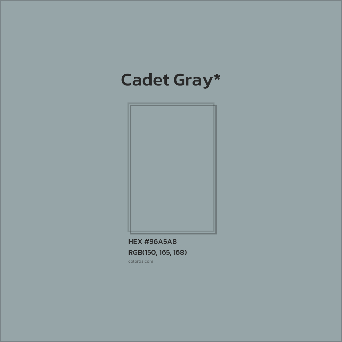 #96A5A8 hex color. RGB, RYB, CMYK, HSL, HSV codes and color conversions. Matching color names, palettes, paints.