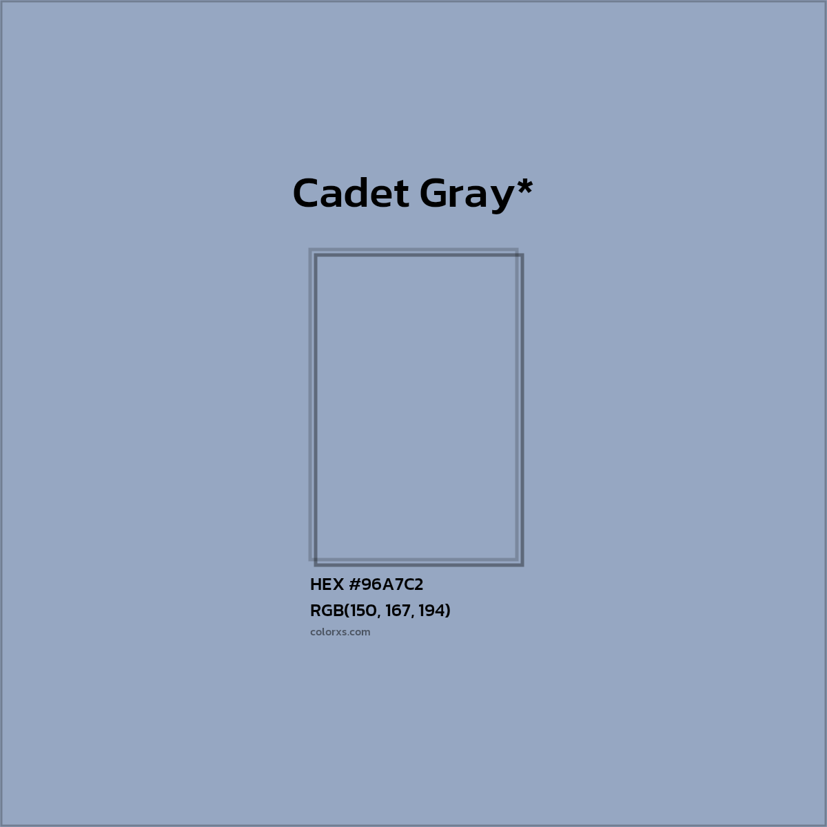 #96A7C2 hex color. RGB, RYB, CMYK, HSL, HSV codes and color conversions. Matching color names, palettes, paints.