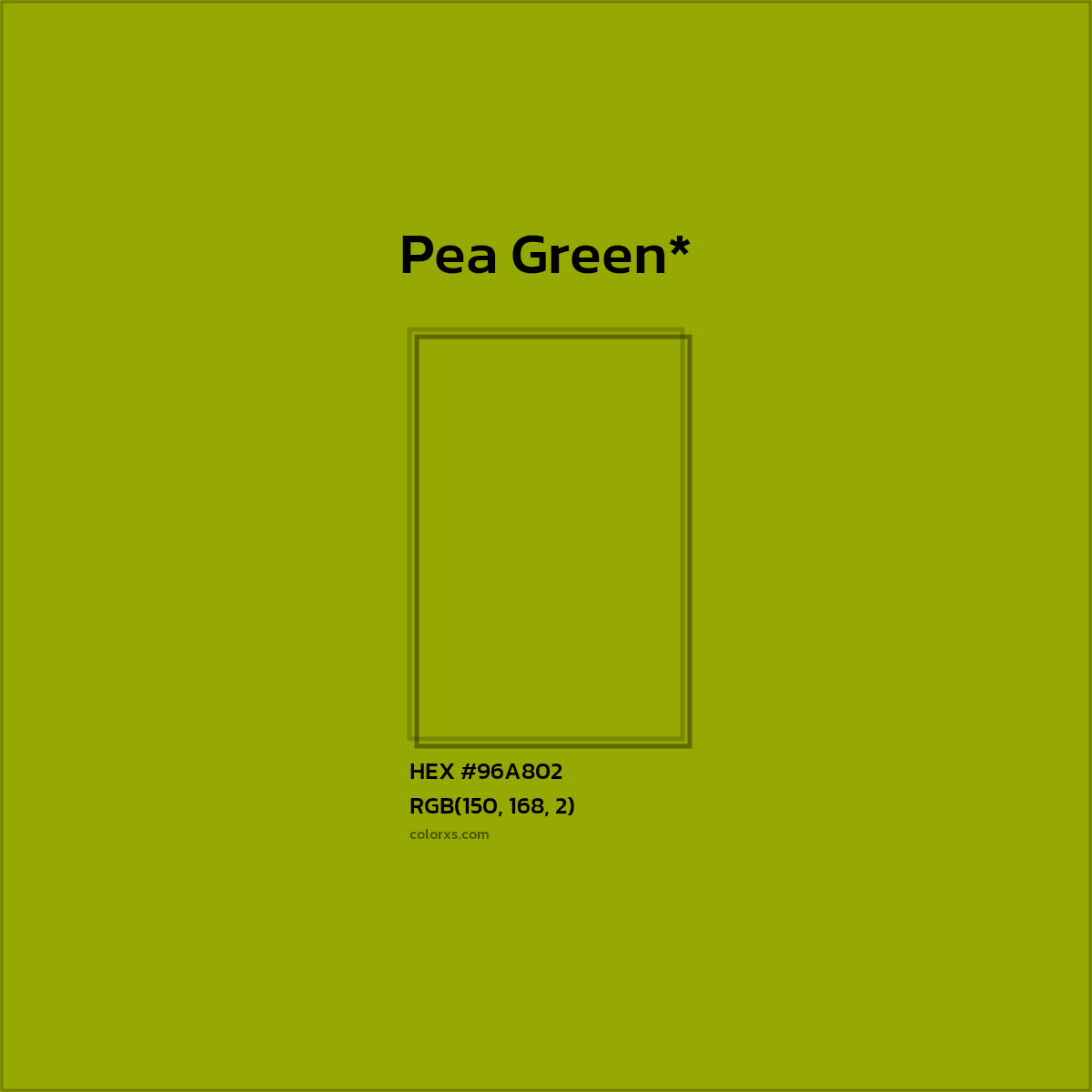 #96A802 hex color. RGB, RYB, CMYK, HSL, HSV codes and color conversions. Matching color names, palettes, paints.