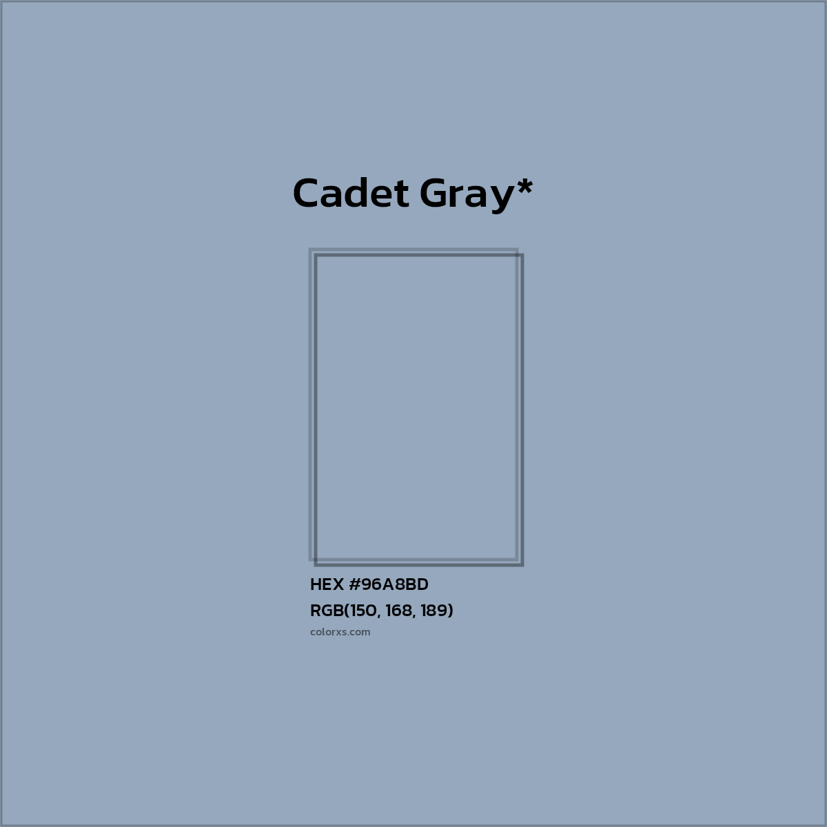 #96A8BD hex color. RGB, RYB, CMYK, HSL, HSV codes and color conversions. Matching color names, palettes, paints.