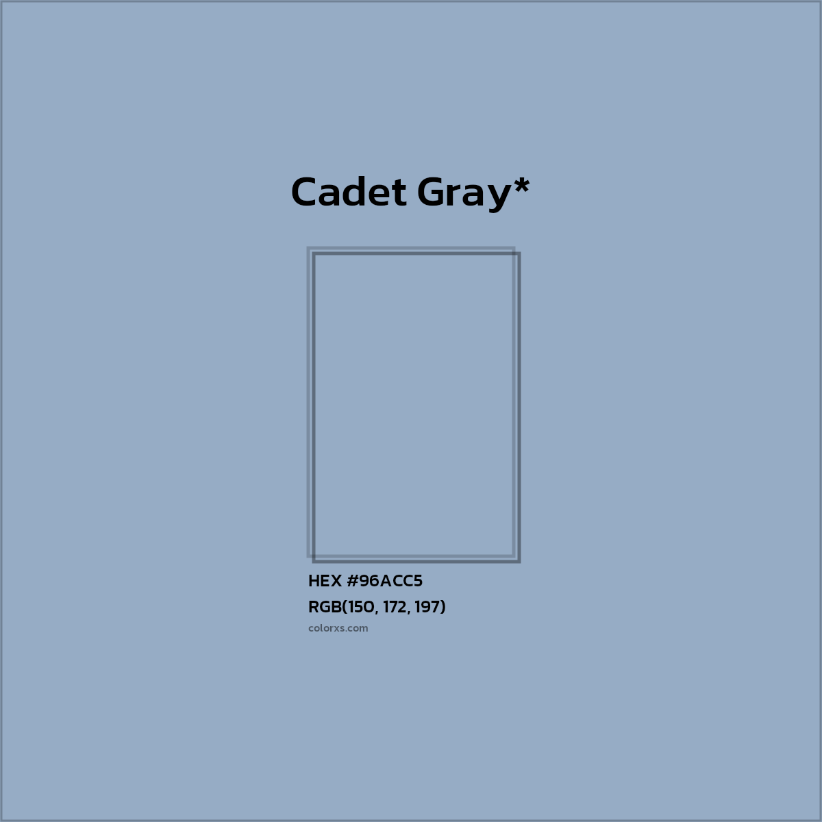 #96ACC5 hex color. RGB, RYB, CMYK, HSL, HSV codes and color conversions. Matching color names, palettes, paints.
