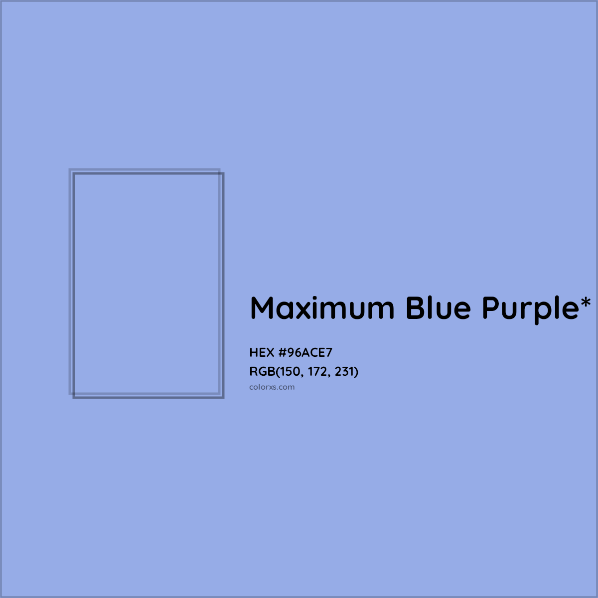 #96ACE7 hex color. RGB, RYB, CMYK, HSL, HSV codes and color conversions. Matching color names, palettes, paints.