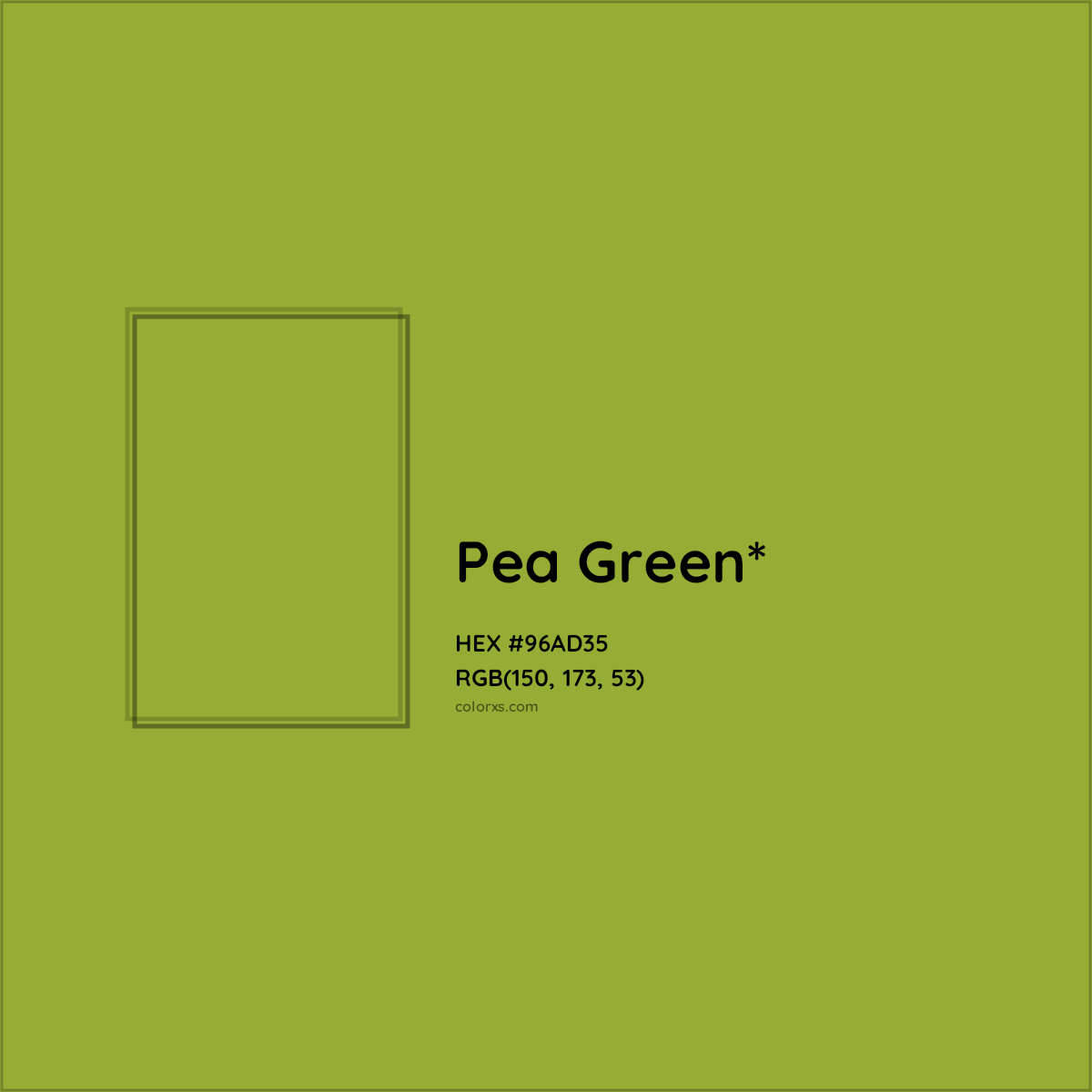 #96AD35 hex color. RGB, RYB, CMYK, HSL, HSV codes and color conversions. Matching color names, palettes, paints.