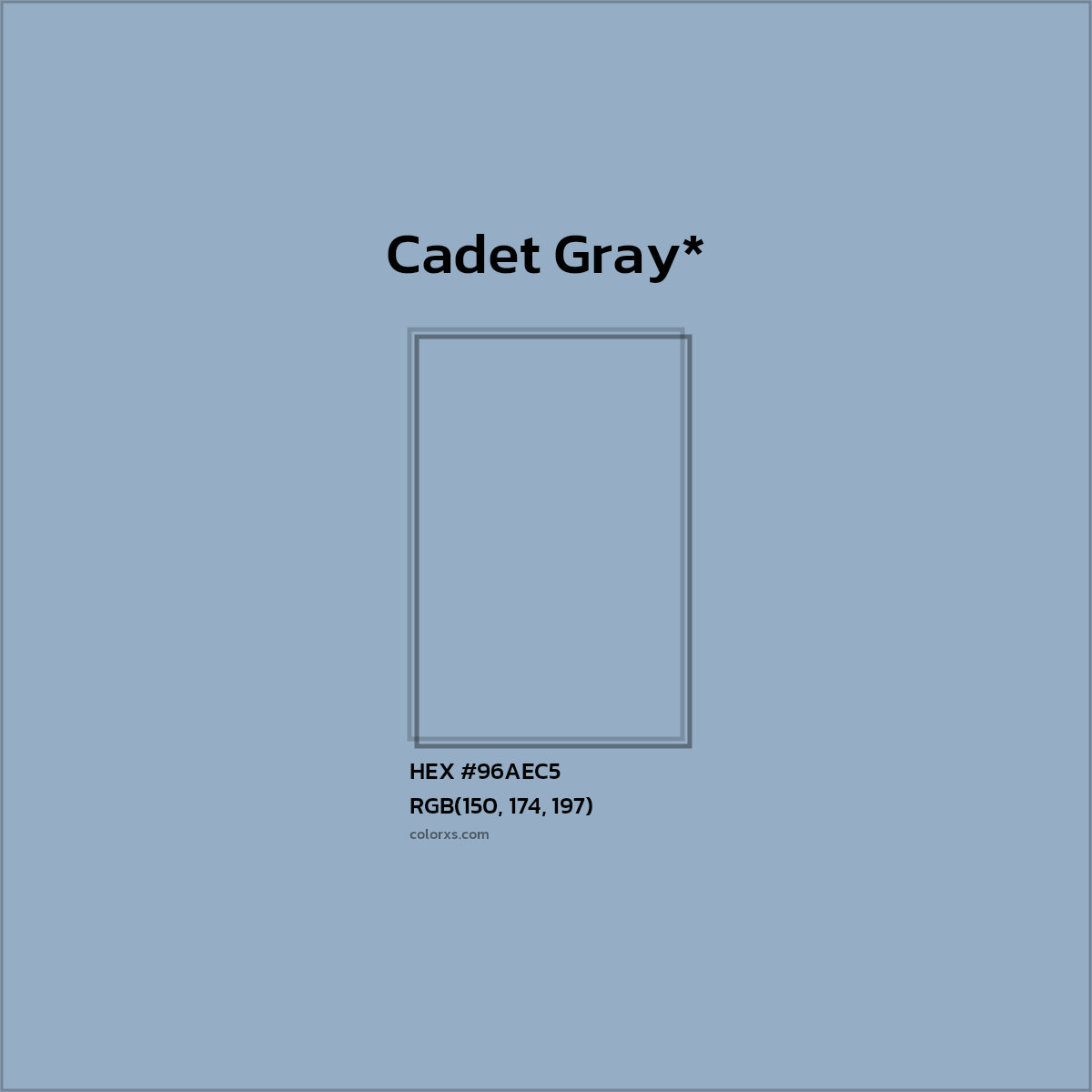 #96AEC5 hex color. RGB, RYB, CMYK, HSL, HSV codes and color conversions. Matching color names, palettes, paints.