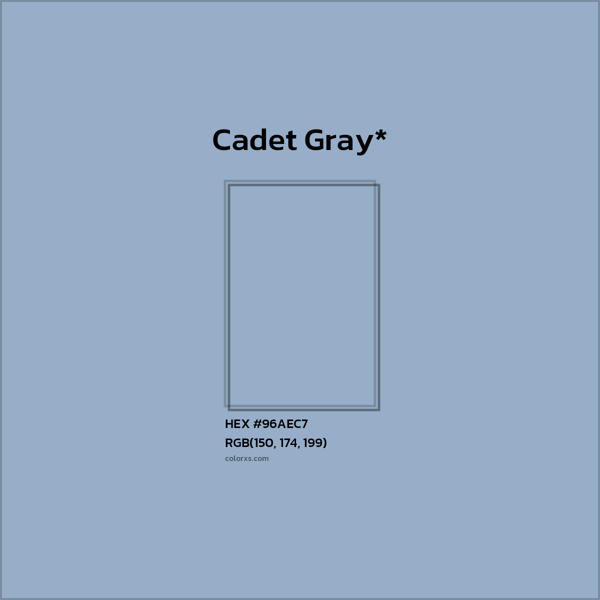 #96AEC7 hex color. RGB, RYB, CMYK, HSL, HSV codes and color conversions. Matching color names, palettes, paints.