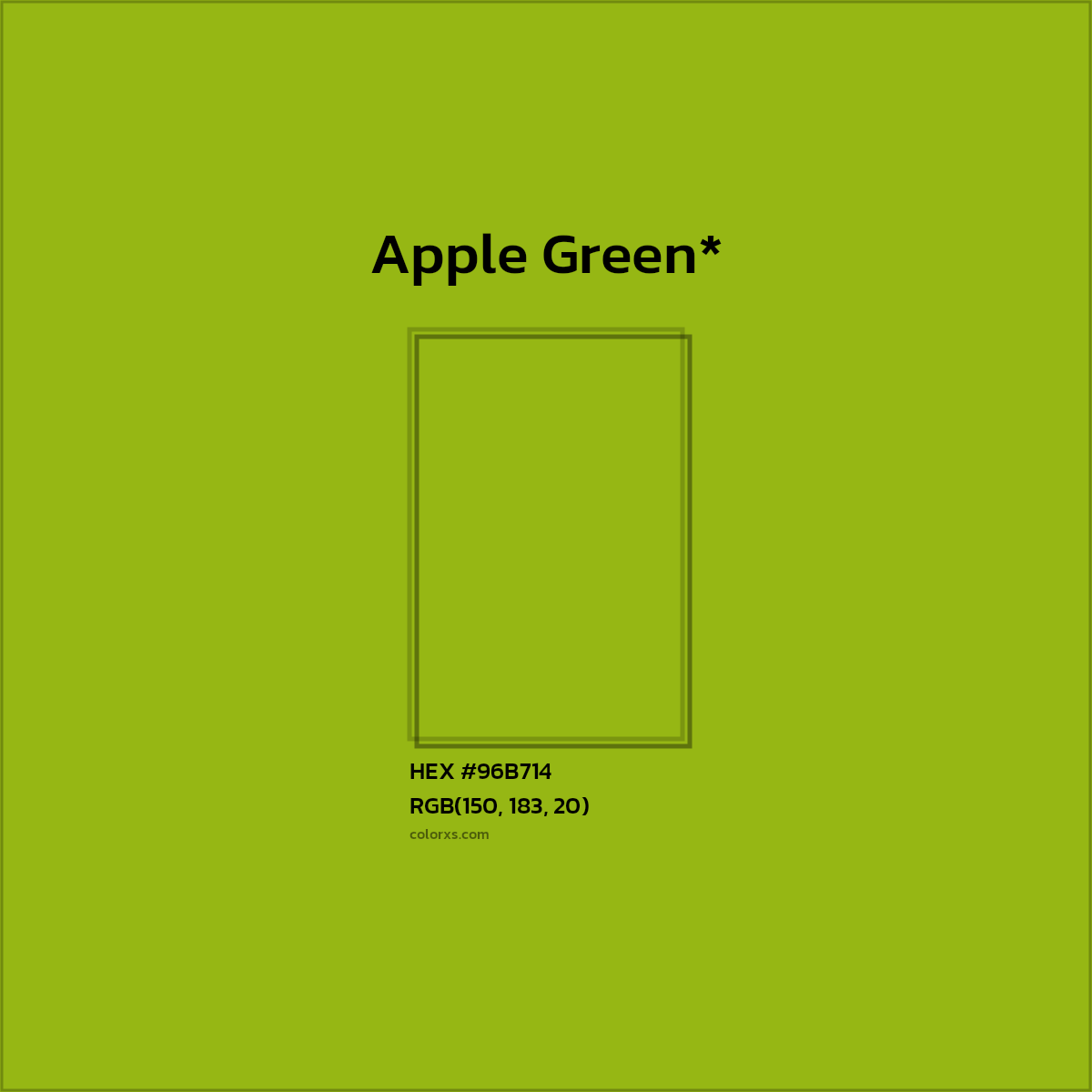 #96B714 hex color. RGB, RYB, CMYK, HSL, HSV codes and color conversions. Matching color names, palettes, paints.