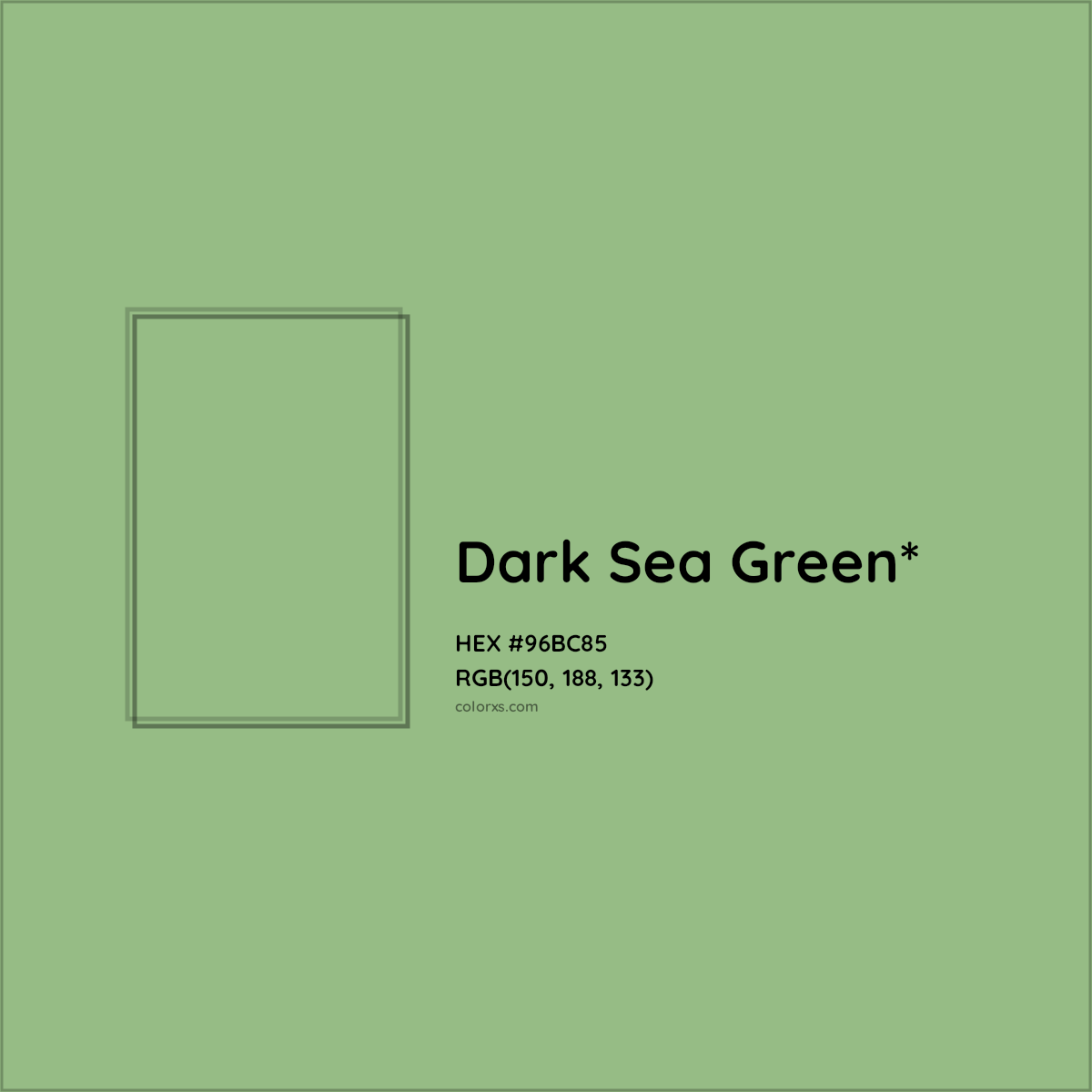 #96BC85 hex color. RGB, RYB, CMYK, HSL, HSV codes and color conversions. Matching color names, palettes, paints.