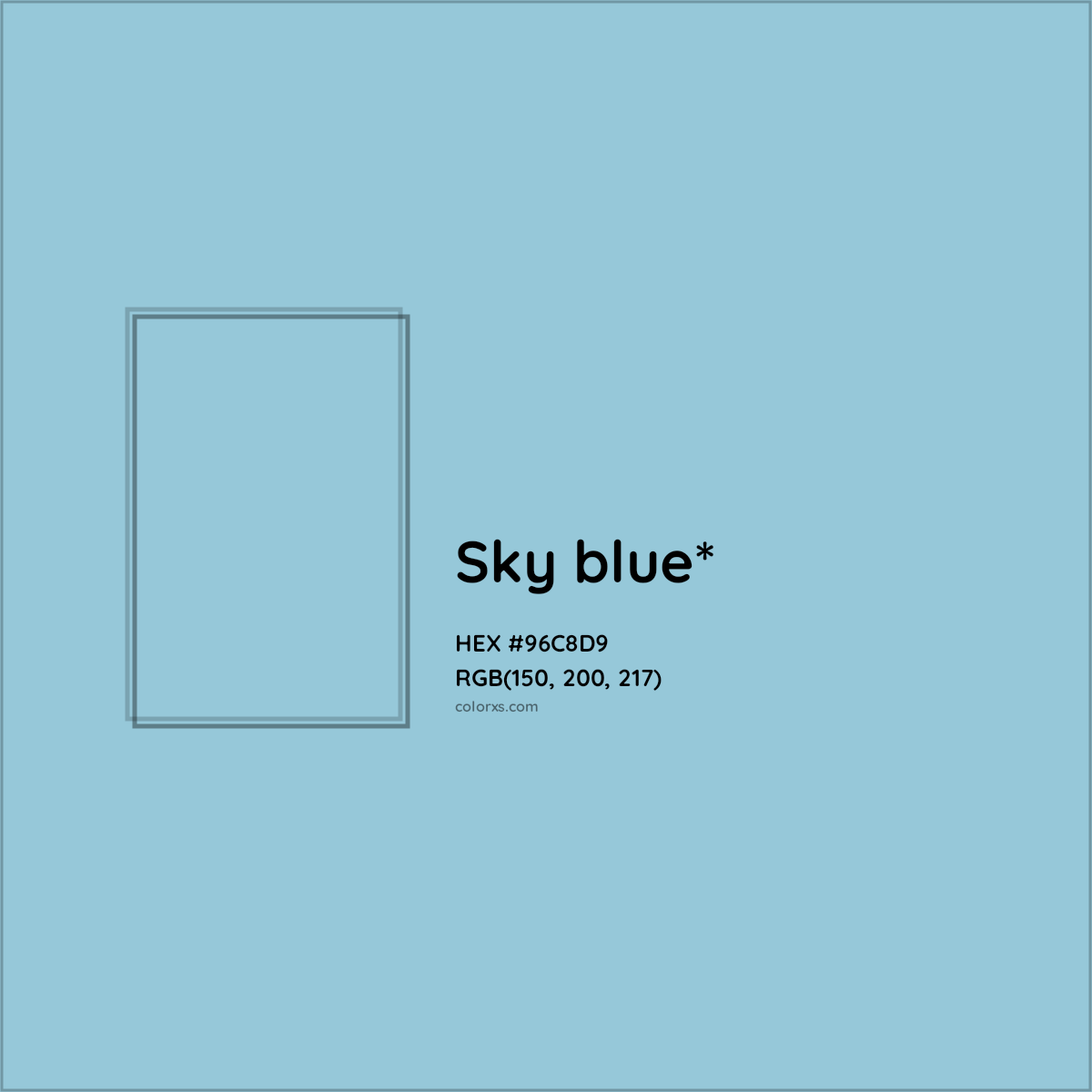 #96C8D9 hex color. RGB, RYB, CMYK, HSL, HSV codes and color conversions. Matching color names, palettes, paints.