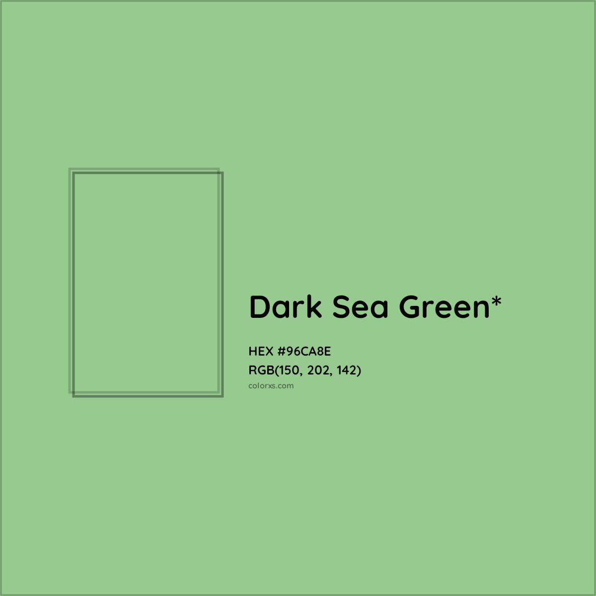 #96CA8E hex color. RGB, RYB, CMYK, HSL, HSV codes and color conversions. Matching color names, palettes, paints.