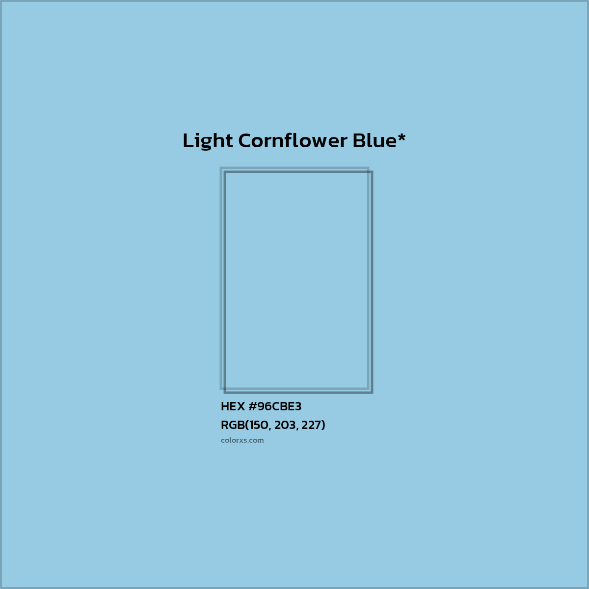 #96CBE3 hex color. RGB, RYB, CMYK, HSL, HSV codes and color conversions. Matching color names, palettes, paints.
