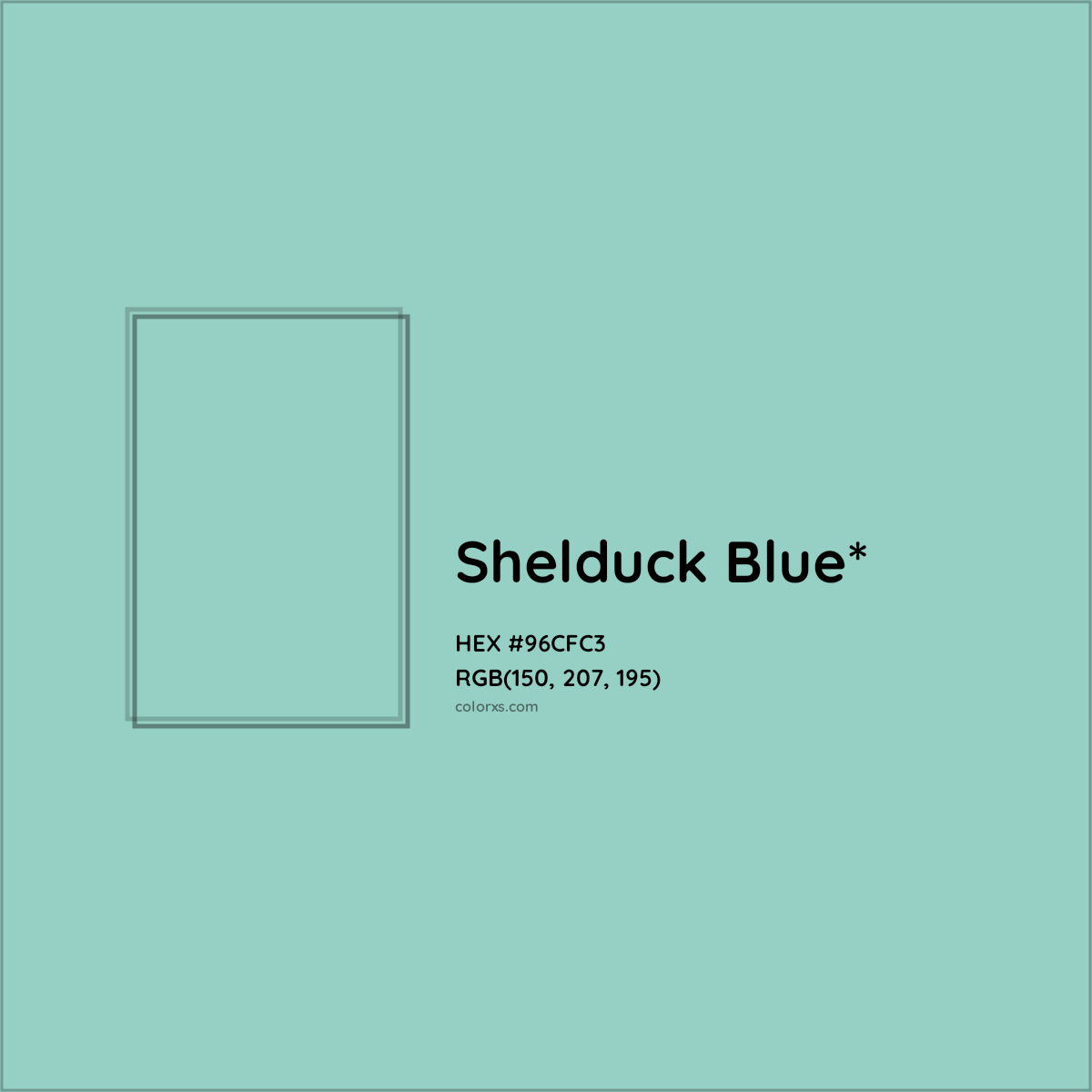 #96CFC3 hex color. RGB, RYB, CMYK, HSL, HSV codes and color conversions. Matching color names, palettes, paints.