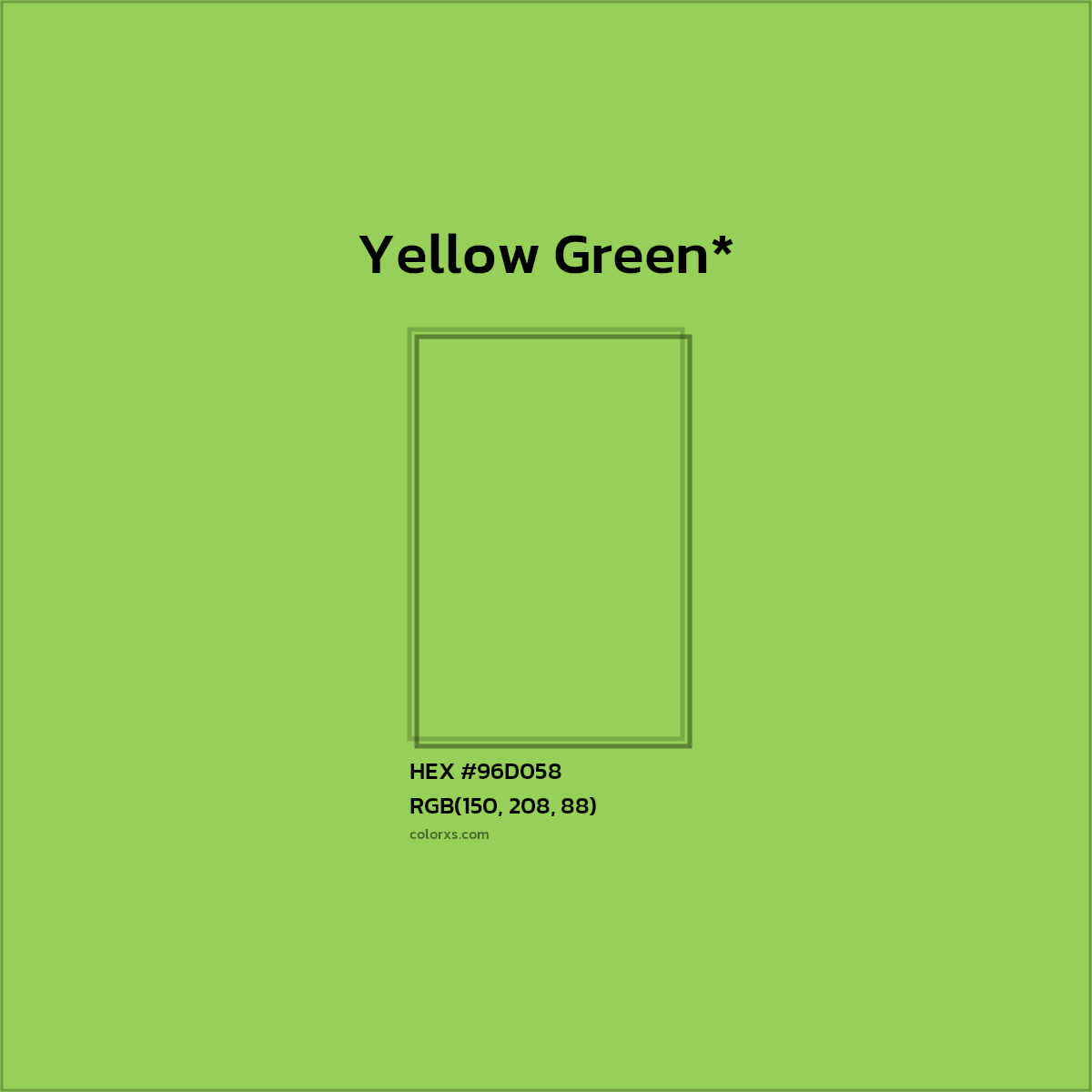#96D058 hex color. RGB, RYB, CMYK, HSL, HSV codes and color conversions. Matching color names, palettes, paints.