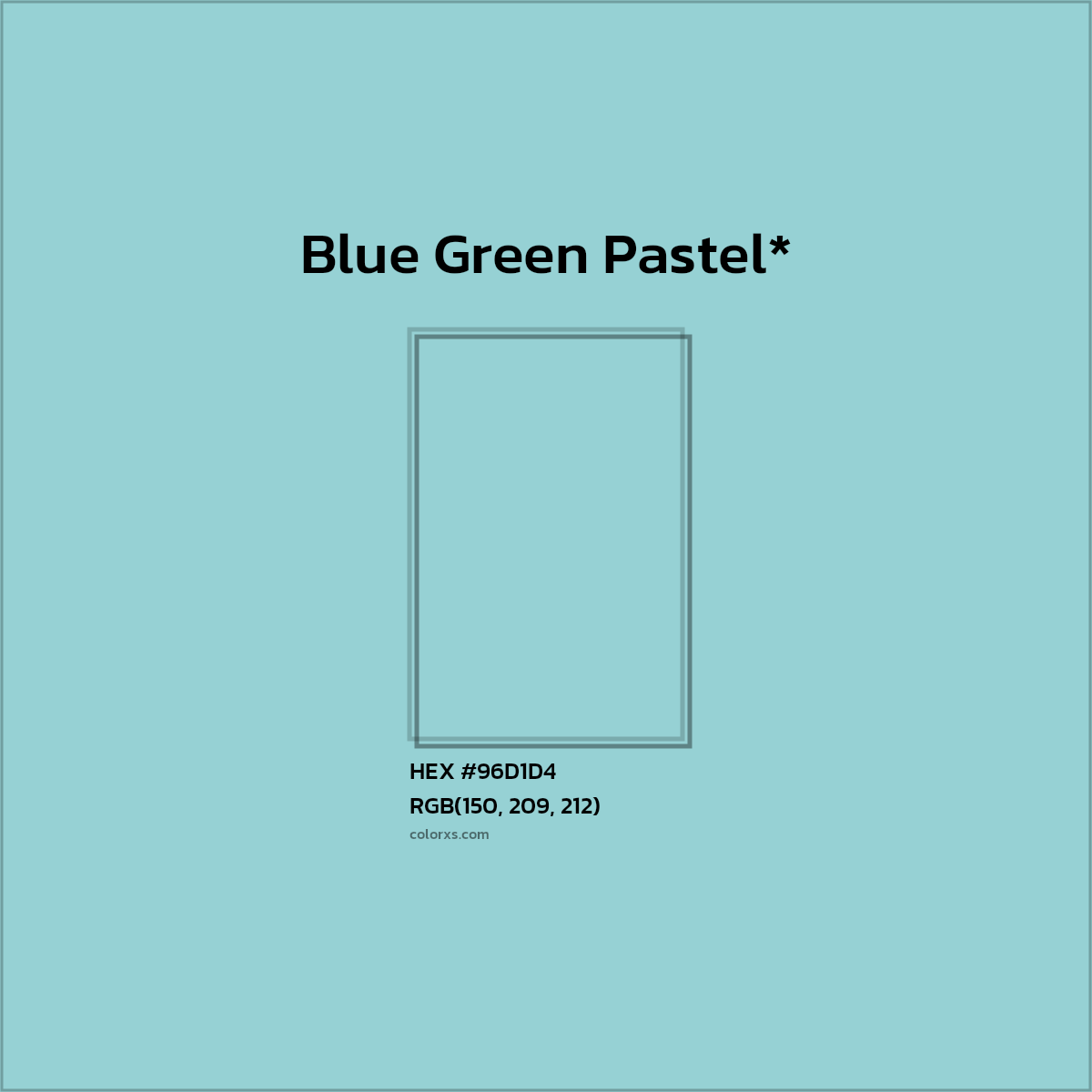 #96D1D4 hex color. RGB, RYB, CMYK, HSL, HSV codes and color conversions. Matching color names, palettes, paints.