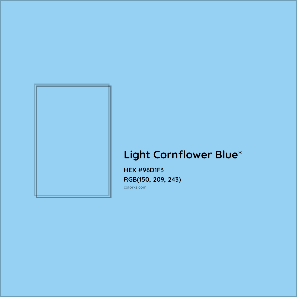 #96D1F3 hex color. RGB, RYB, CMYK, HSL, HSV codes and color conversions. Matching color names, palettes, paints.