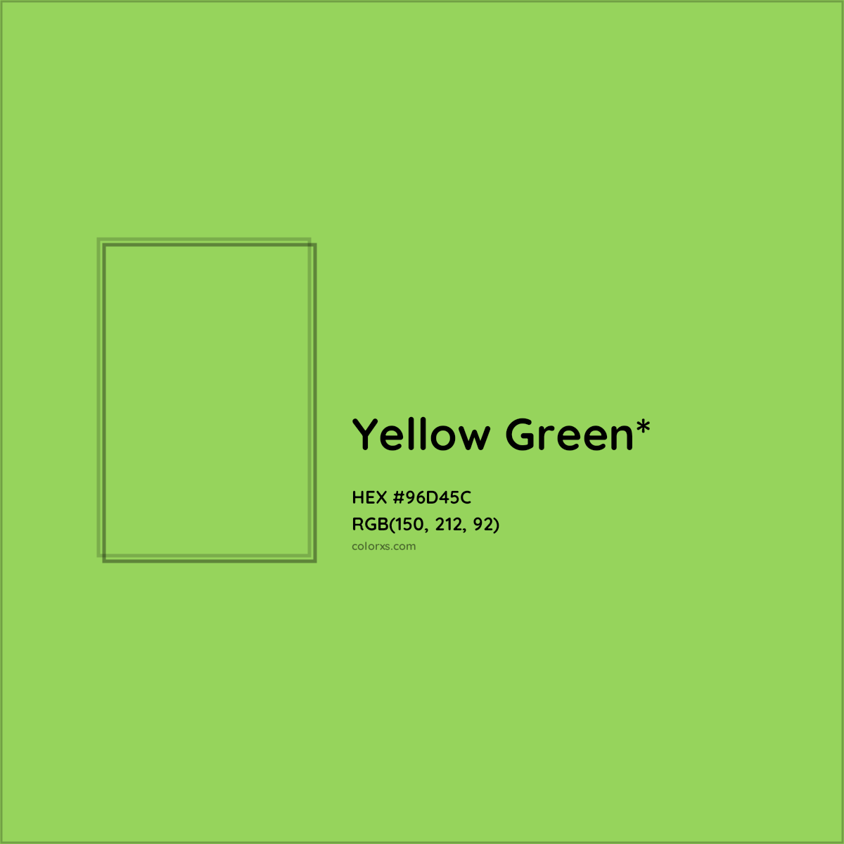 #96D45C hex color. RGB, RYB, CMYK, HSL, HSV codes and color conversions. Matching color names, palettes, paints.