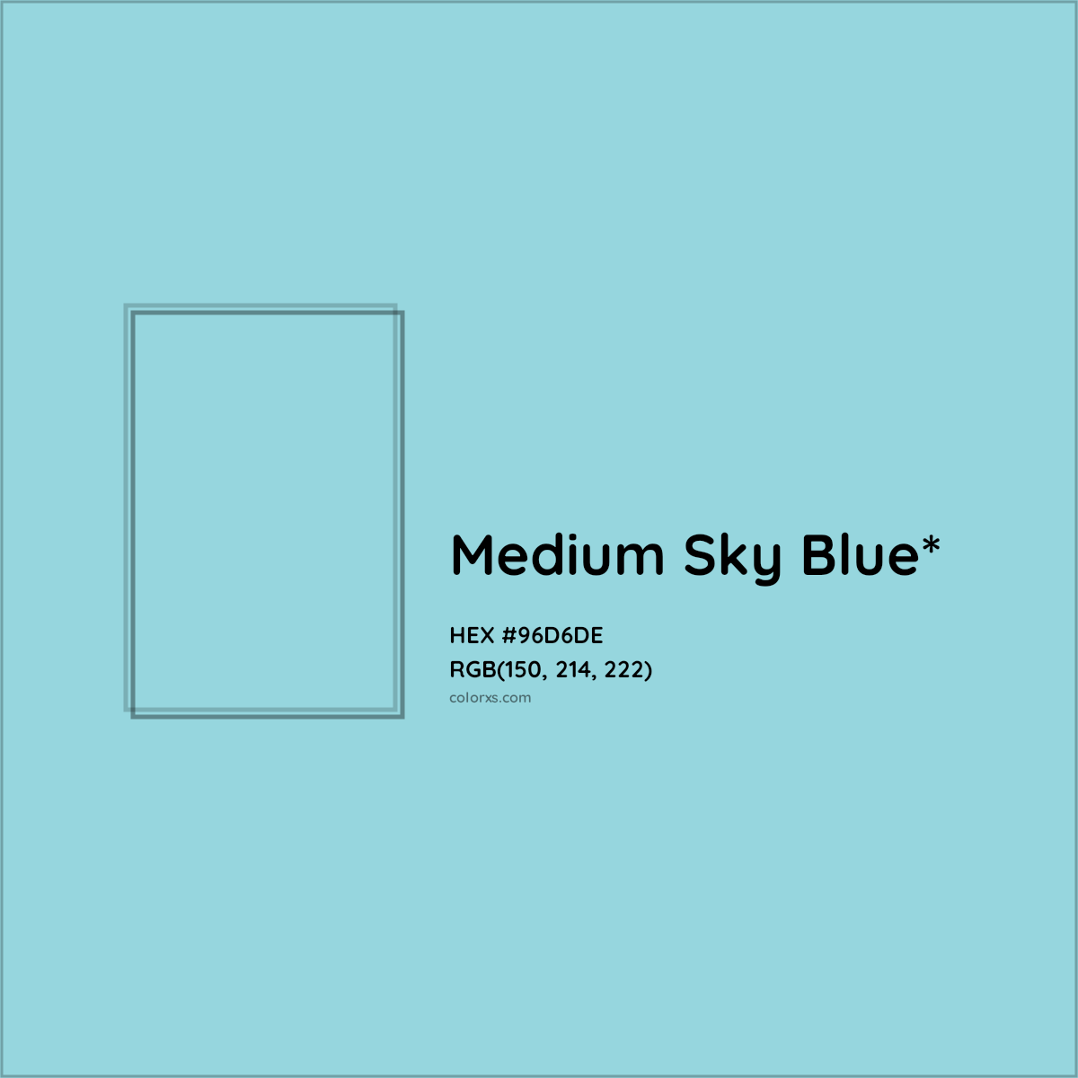 #96D6DE hex color. RGB, RYB, CMYK, HSL, HSV codes and color conversions. Matching color names, palettes, paints.
