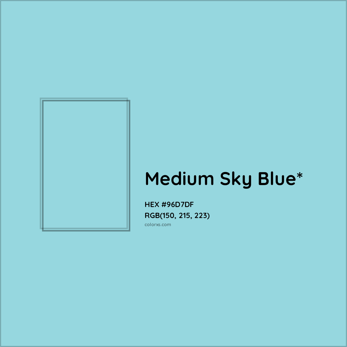 #96D7DF hex color. RGB, RYB, CMYK, HSL, HSV codes and color conversions. Matching color names, palettes, paints.
