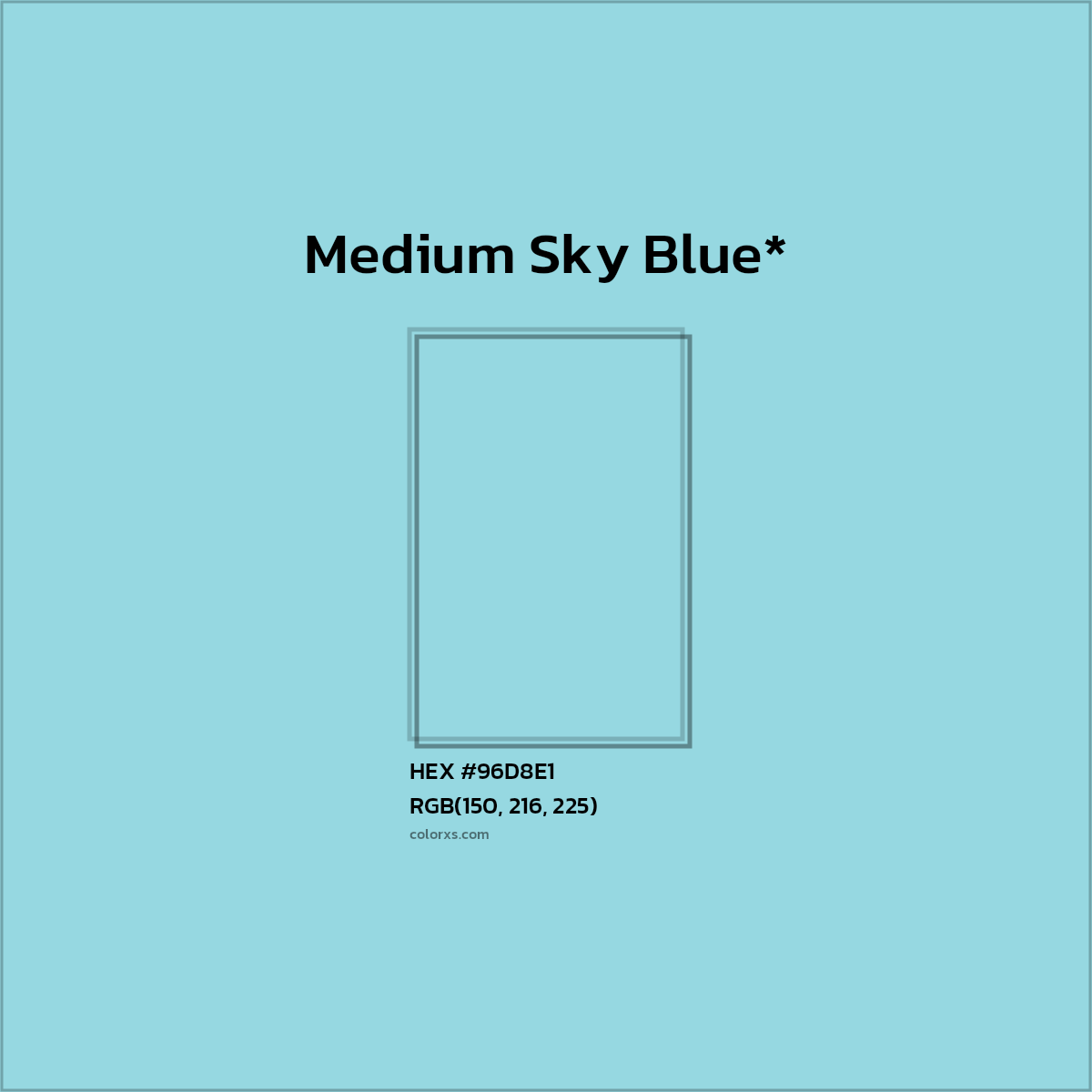 #96D8E1 hex color. RGB, RYB, CMYK, HSL, HSV codes and color conversions. Matching color names, palettes, paints.