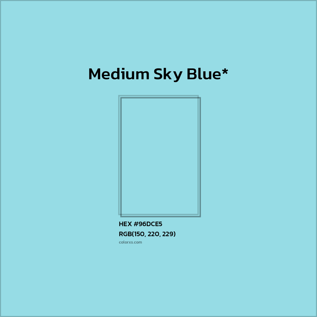 #96DCE5 hex color. RGB, RYB, CMYK, HSL, HSV codes and color conversions. Matching color names, palettes, paints.