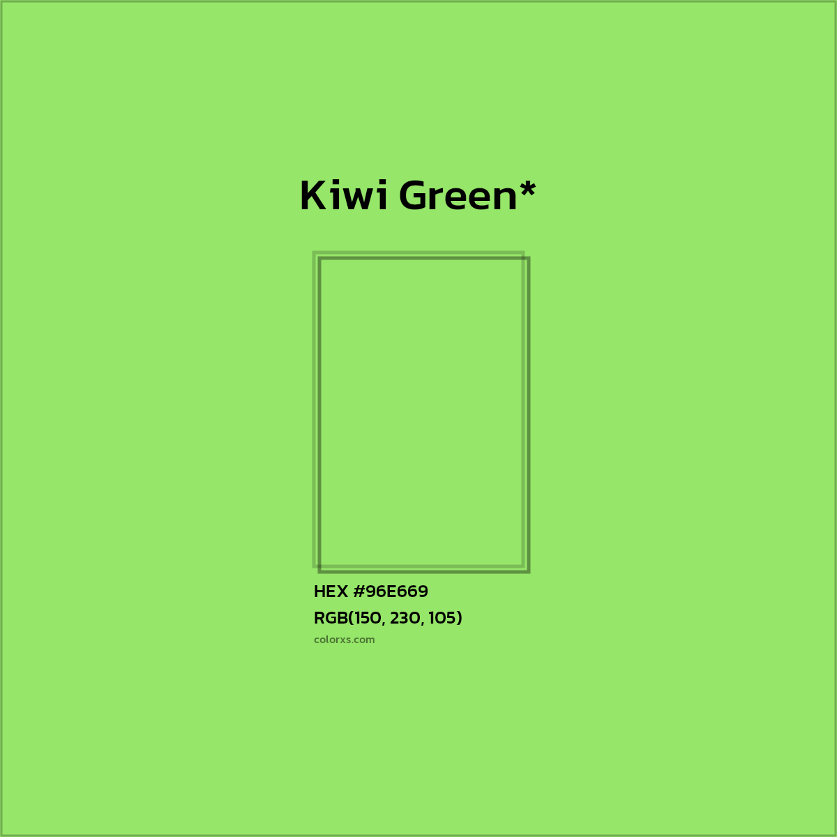 #96E669 hex color. RGB, RYB, CMYK, HSL, HSV codes and color conversions. Matching color names, palettes, paints.