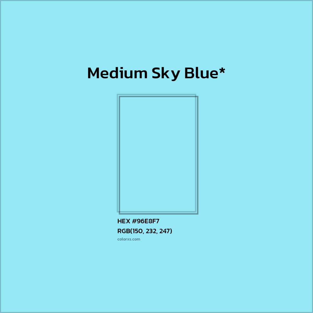#96E8F7 hex color. RGB, RYB, CMYK, HSL, HSV codes and color conversions. Matching color names, palettes, paints.