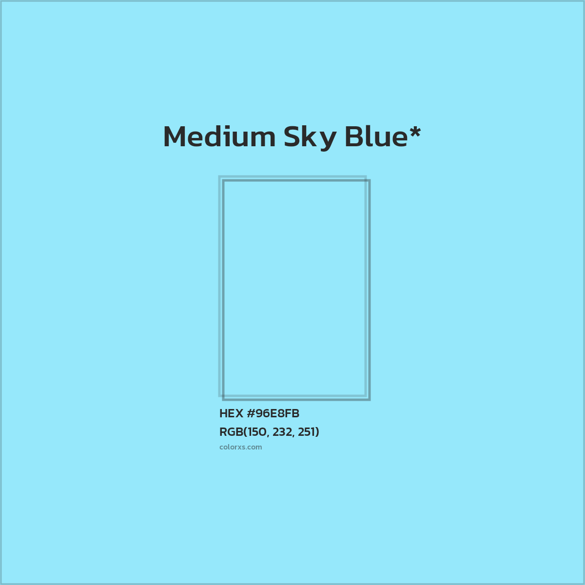 #96E8FB hex color. RGB, RYB, CMYK, HSL, HSV codes and color conversions. Matching color names, palettes, paints.