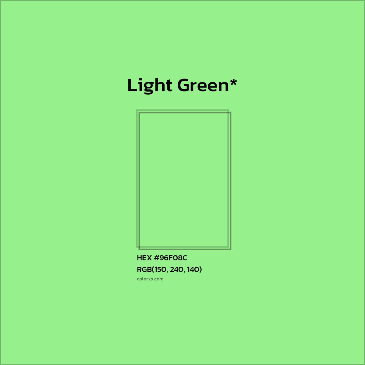 #96F08C hex color. RGB, RYB, CMYK, HSL, HSV codes and color conversions. Matching color names, palettes, paints.
