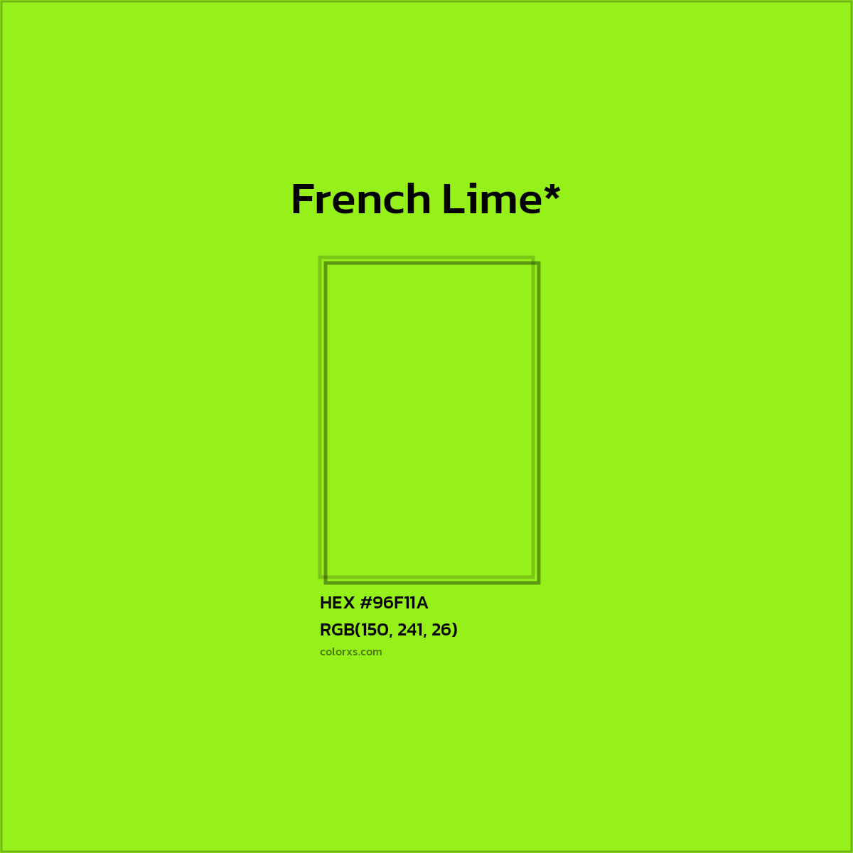 #96F11A hex color. RGB, RYB, CMYK, HSL, HSV codes and color conversions. Matching color names, palettes, paints.