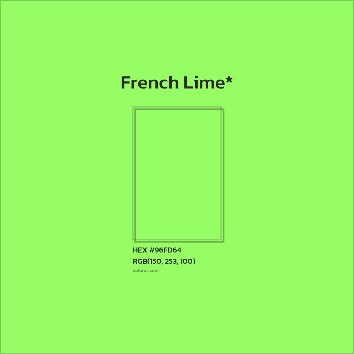 #96FD64 hex color. RGB, RYB, CMYK, HSL, HSV codes and color conversions. Matching color names, palettes, paints.