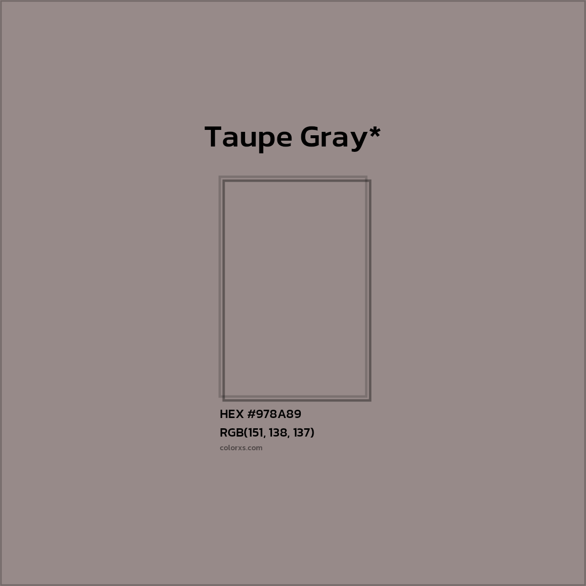 #978A89 hex color. RGB, RYB, CMYK, HSL, HSV codes and color conversions. Matching color names, palettes, paints.
