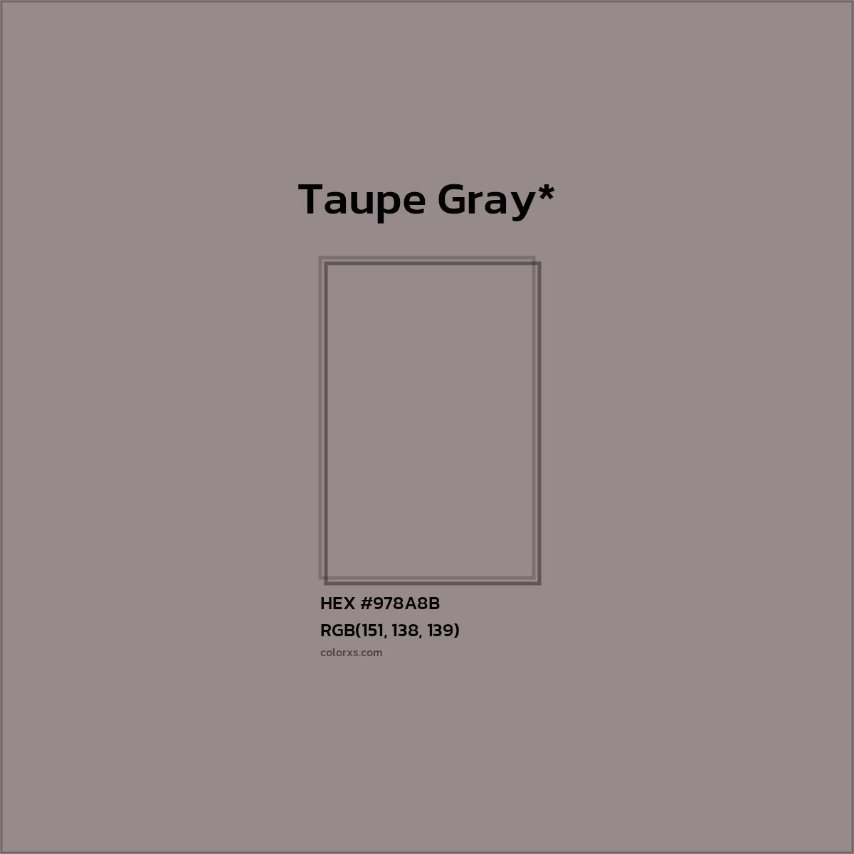 #978A8B hex color. RGB, RYB, CMYK, HSL, HSV codes and color conversions. Matching color names, palettes, paints.
