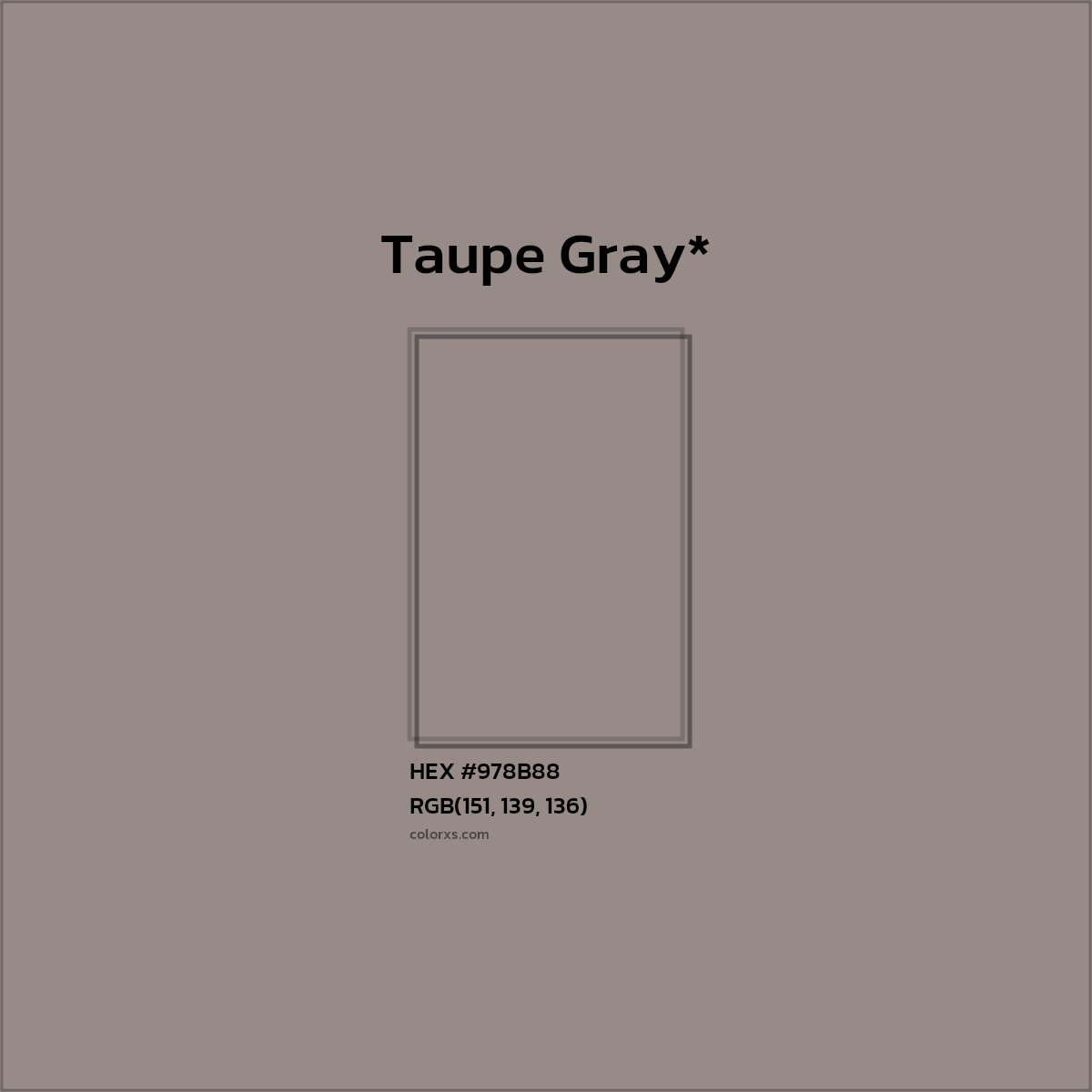 #978B88 hex color. RGB, RYB, CMYK, HSL, HSV codes and color conversions. Matching color names, palettes, paints.