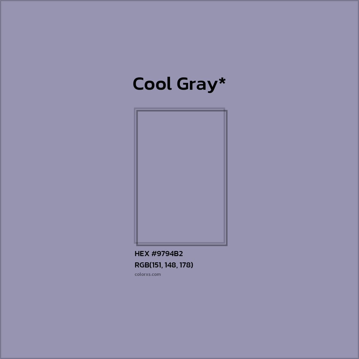 #9794B2 hex color. RGB, RYB, CMYK, HSL, HSV codes and color conversions. Matching color names, palettes, paints.