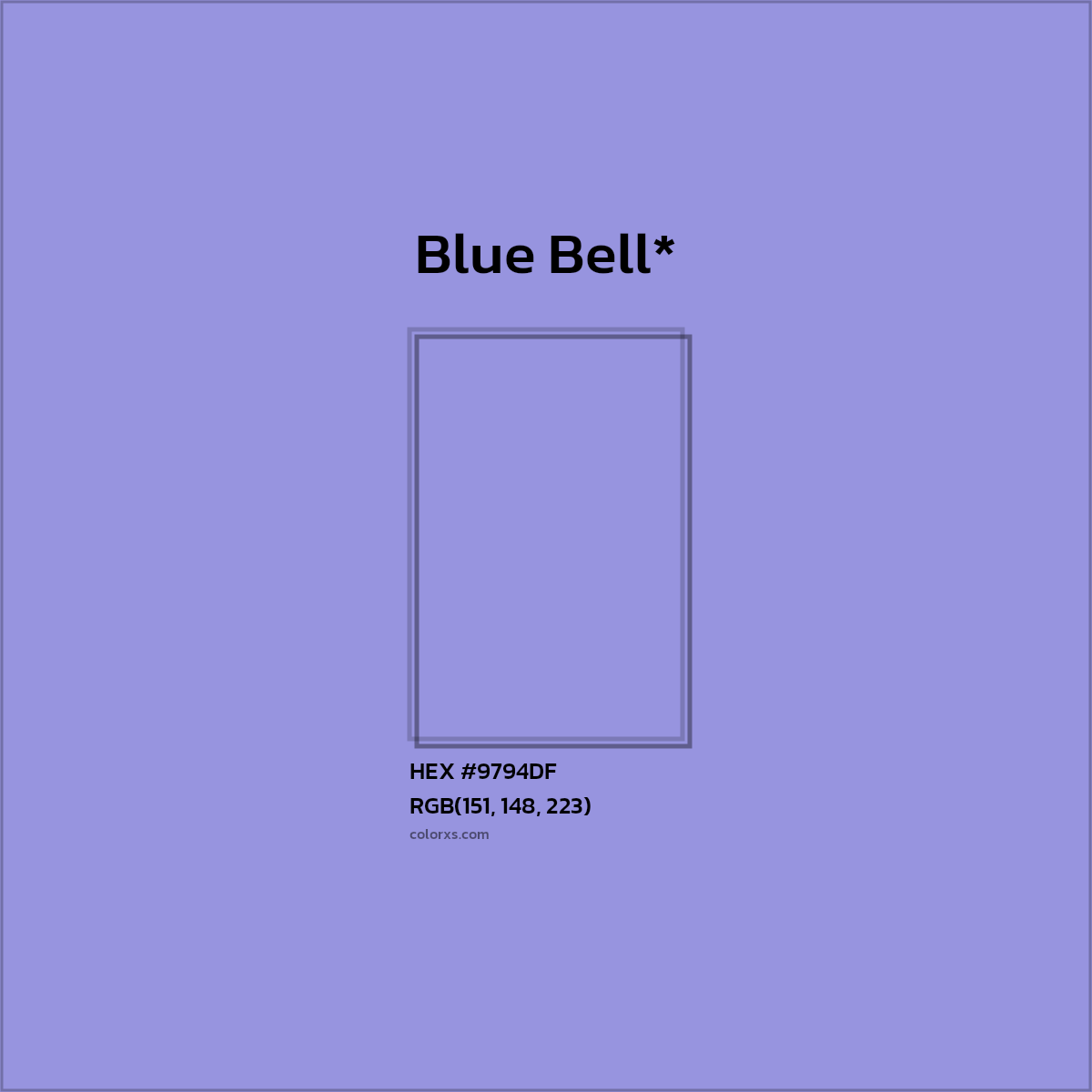 #9794DF hex color. RGB, RYB, CMYK, HSL, HSV codes and color conversions. Matching color names, palettes, paints.