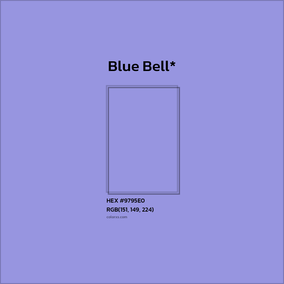 #9795E0 hex color. RGB, RYB, CMYK, HSL, HSV codes and color conversions. Matching color names, palettes, paints.