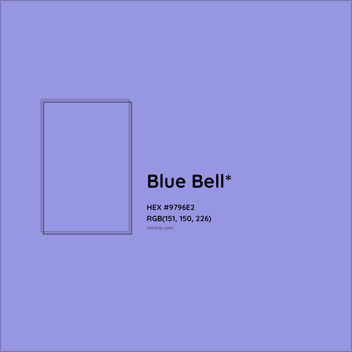 #9796E2 hex color. RGB, RYB, CMYK, HSL, HSV codes and color conversions. Matching color names, palettes, paints.
