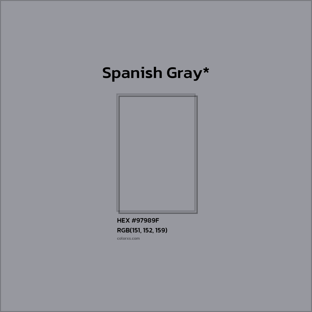 #97989F hex color. RGB, RYB, CMYK, HSL, HSV codes and color conversions. Matching color names, palettes, paints.