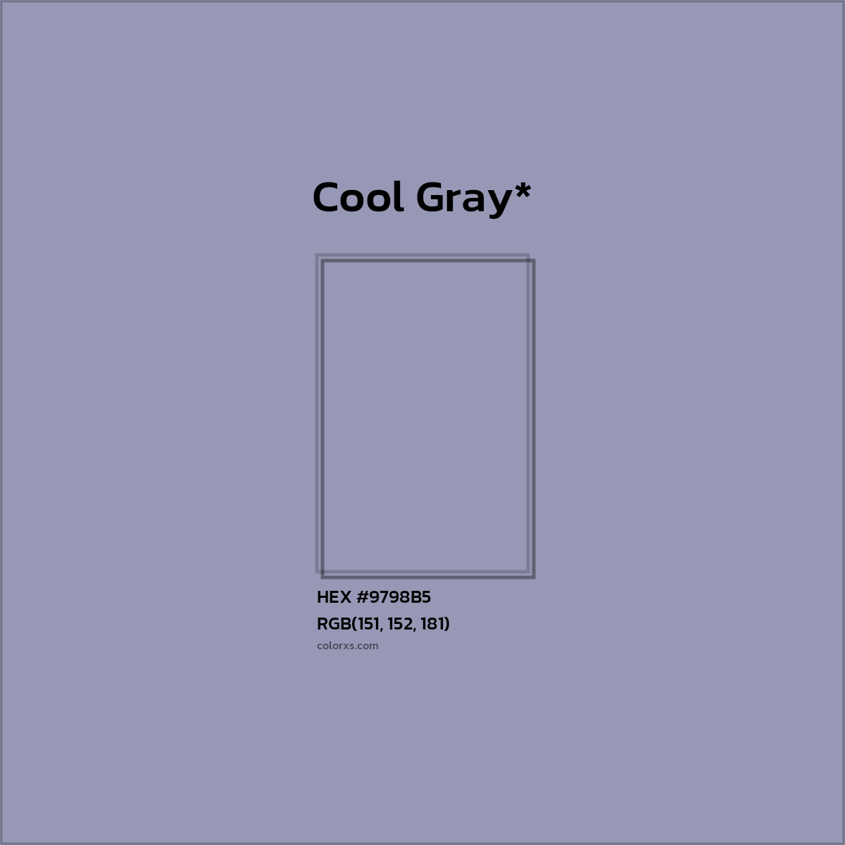 #9798B5 hex color. RGB, RYB, CMYK, HSL, HSV codes and color conversions. Matching color names, palettes, paints.