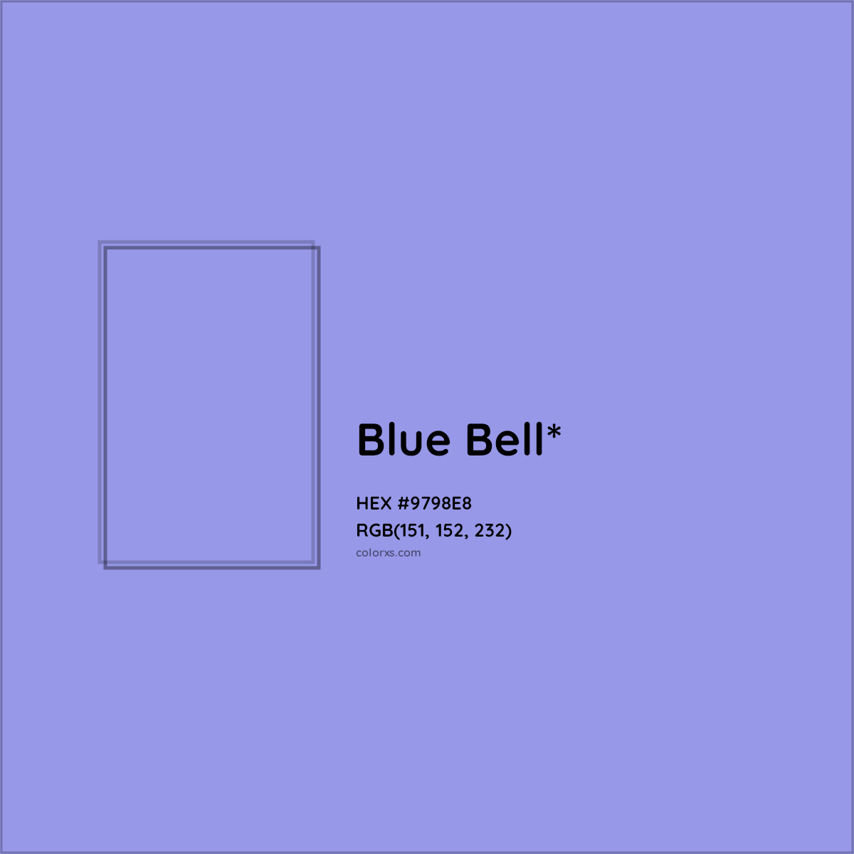 #9798E8 hex color. RGB, RYB, CMYK, HSL, HSV codes and color conversions. Matching color names, palettes, paints.