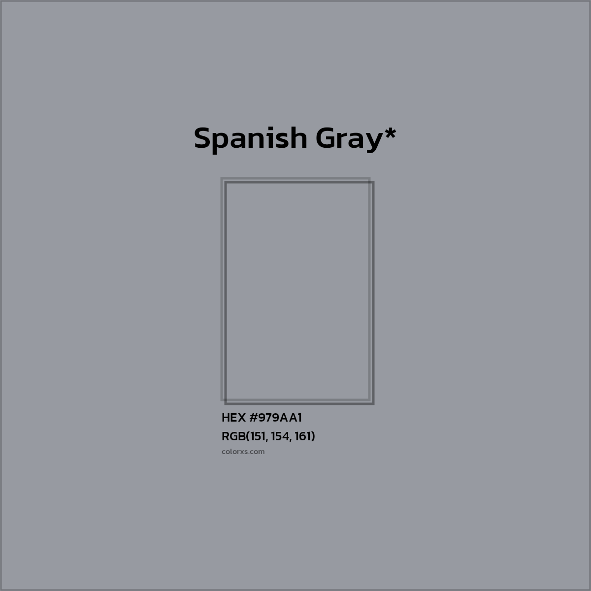 #979AA1 hex color. RGB, RYB, CMYK, HSL, HSV codes and color conversions. Matching color names, palettes, paints.