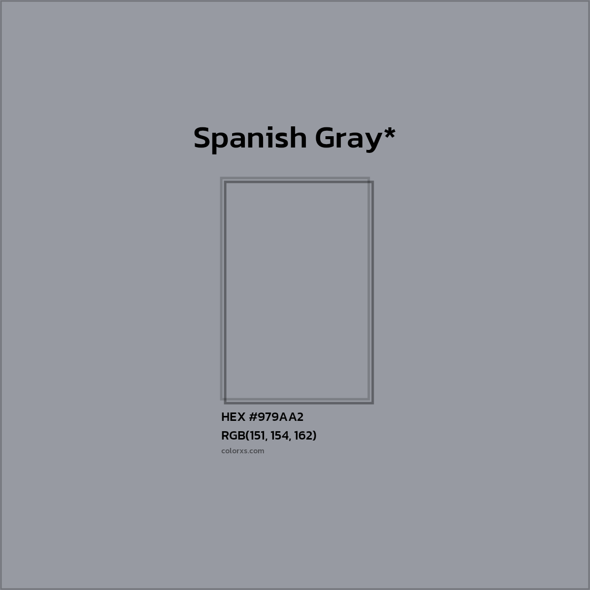 #979AA2 hex color. RGB, RYB, CMYK, HSL, HSV codes and color conversions. Matching color names, palettes, paints.