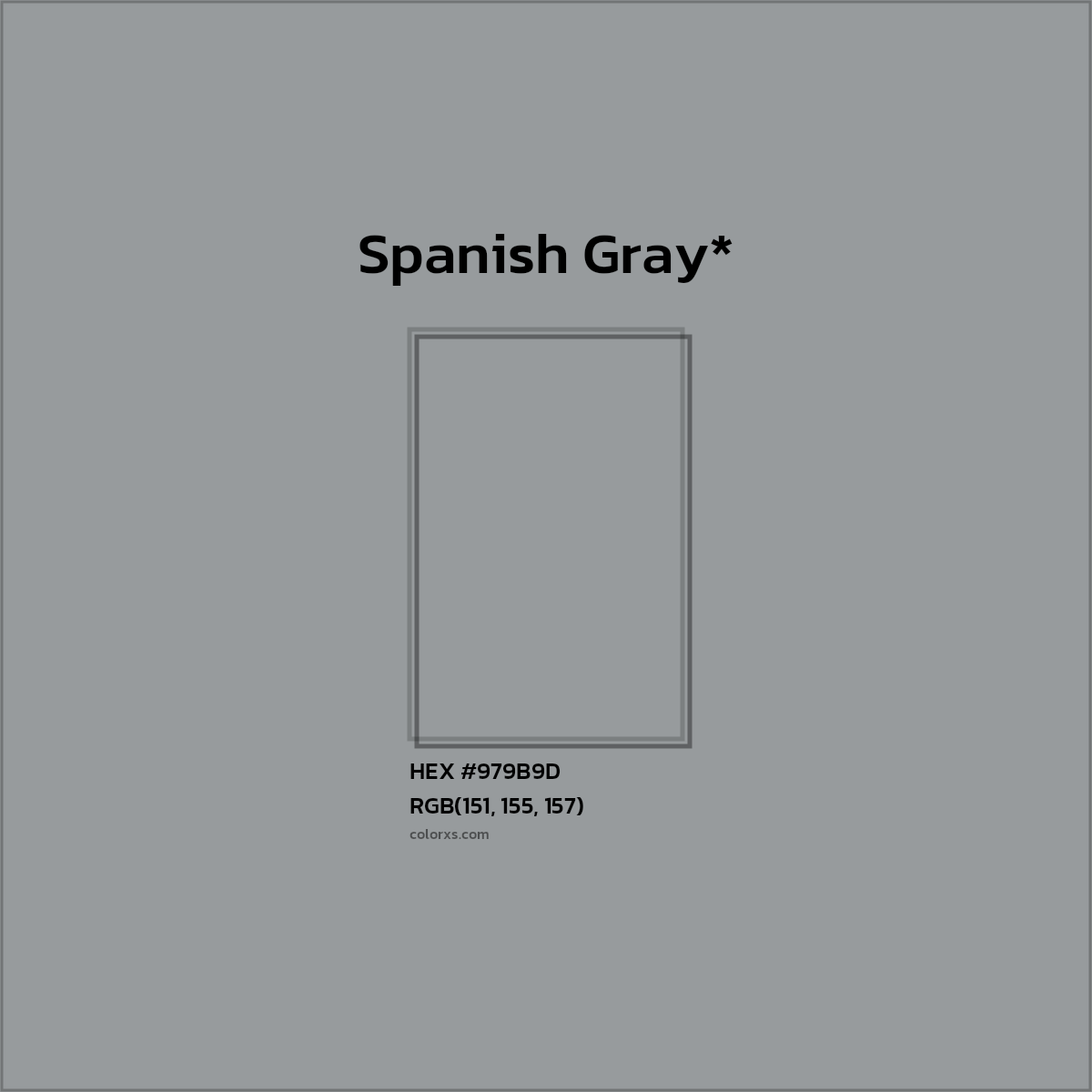 #979B9D hex color. RGB, RYB, CMYK, HSL, HSV codes and color conversions. Matching color names, palettes, paints.
