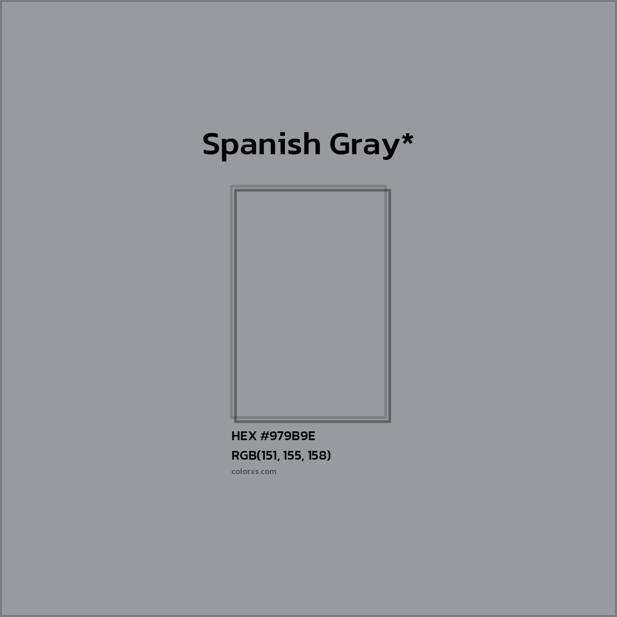 #979B9E hex color. RGB, RYB, CMYK, HSL, HSV codes and color conversions. Matching color names, palettes, paints.