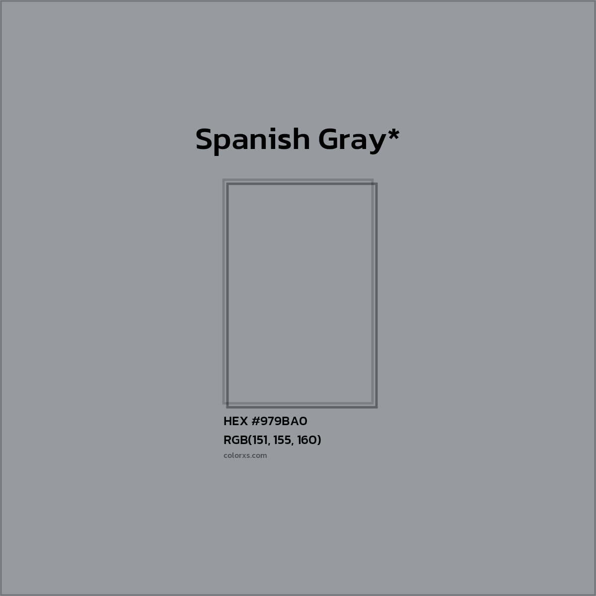 #979BA0 hex color. RGB, RYB, CMYK, HSL, HSV codes and color conversions. Matching color names, palettes, paints.