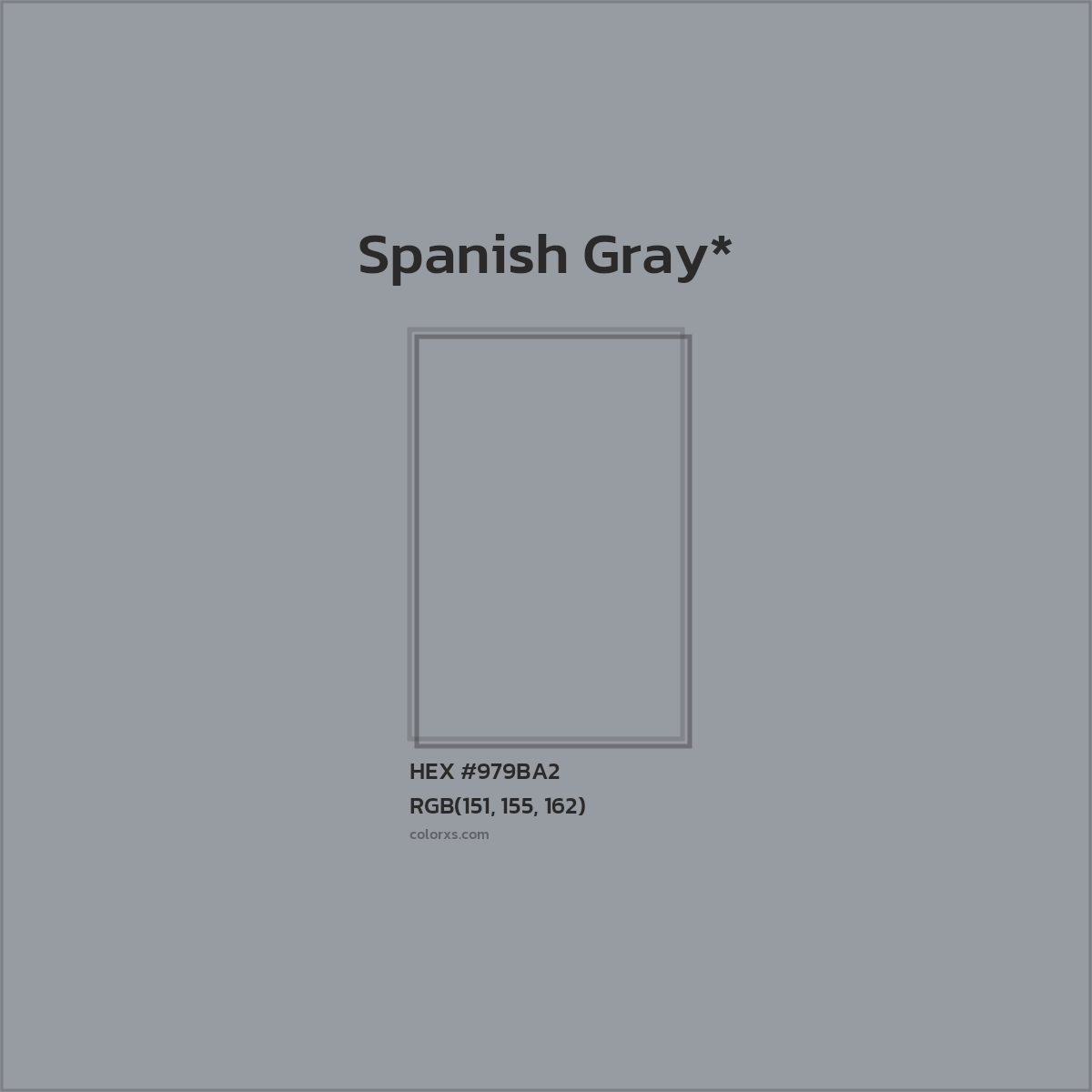 #979BA2 hex color. RGB, RYB, CMYK, HSL, HSV codes and color conversions. Matching color names, palettes, paints.